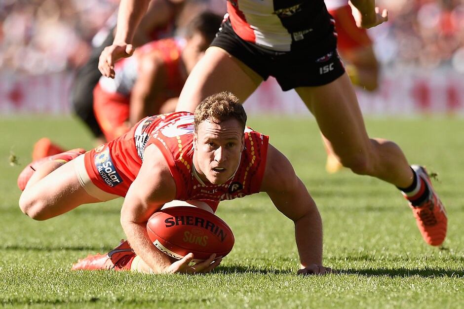 AFL 2016 Rd 15 - Gold Coast v St Kilda GOLD COAST, AUSTRALIA - JULY 02: Brandon Matera of the Suns competes for the ball during the 2016 AFL Round 15 match between the Gold Coast Suns and the St Kilda Saints at Metricon Stadium on July 2, 2016 in Gold Coast, Australia. (Photo by Matt Roberts/AFL Media)